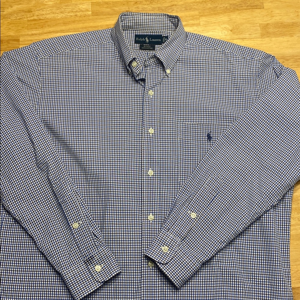 Ralph Lauren Mens Blake Button Down Brown and Blue Checkered 100% Cotton Size M